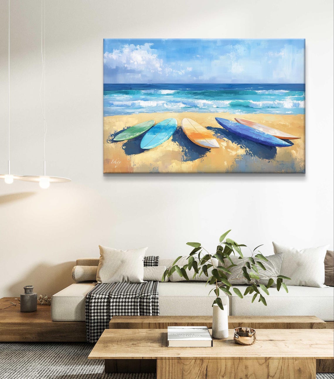 Surfboards On Beach Vibrant Coastal Ocean Wall Art Beach Scene Painting Tropical Home Decor Unique Living Room Artwork - Image 6