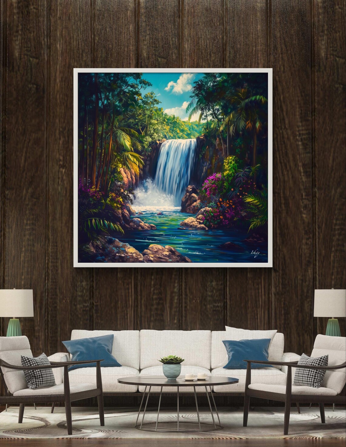 Tropical Jungle Waterfall with Lush Green Foliage Art Poster - Image 4