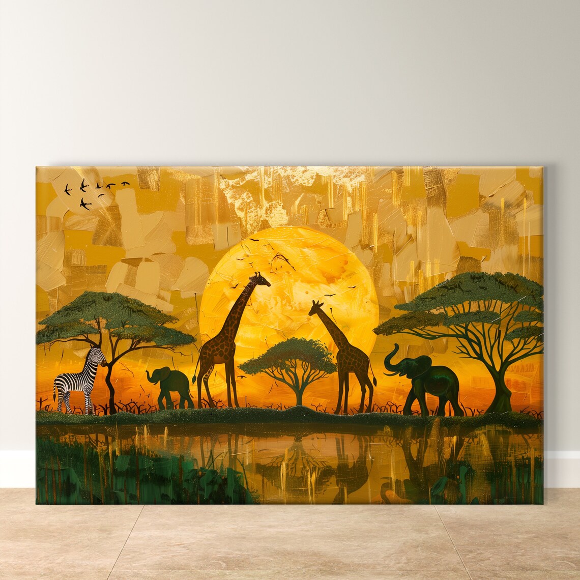 African Savanna Sunset Giraffe Elephant Zebra Wildlife Silhouette Art Poster