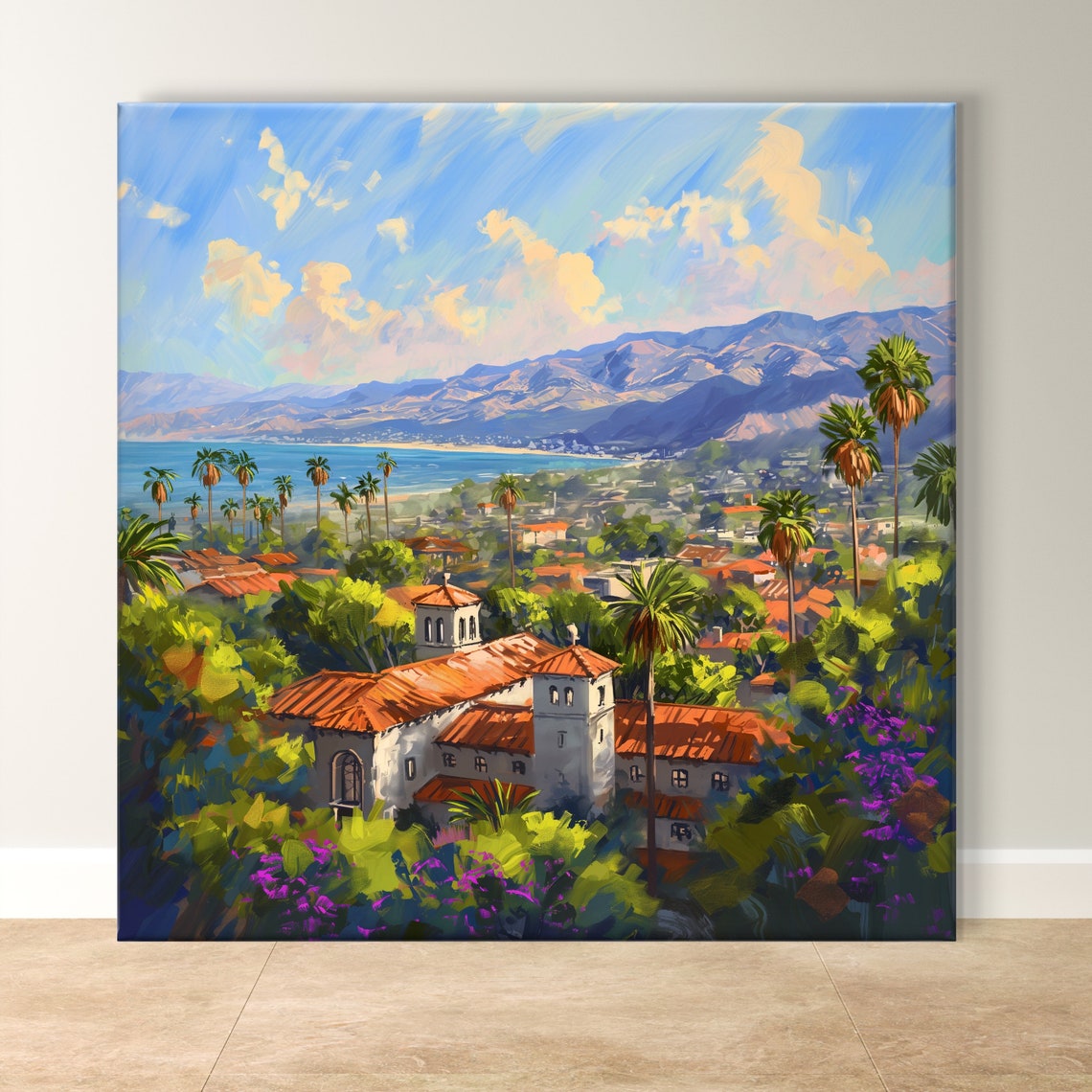 Santa Barbara Coastal City Palms and Mountains Daytime View Poster