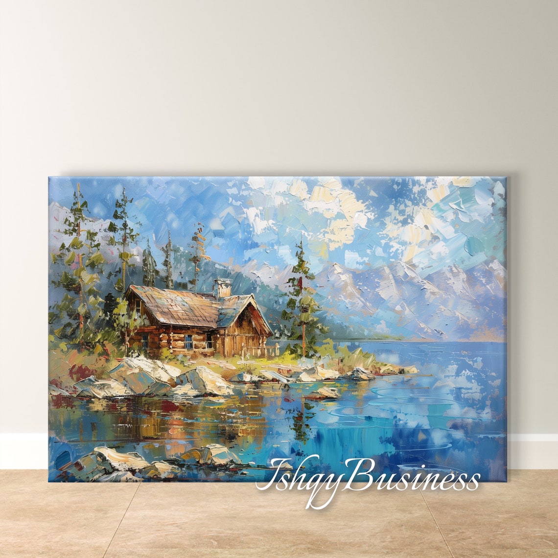 Lake Tahoe Rustic Log Cabin on Rocky Shore with Snowy Peaks Poster