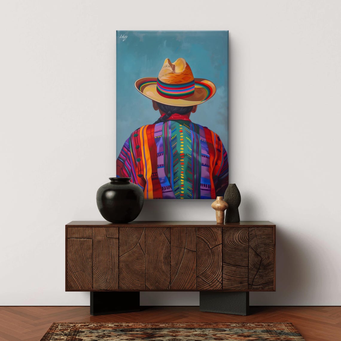 Cowboy Back View Rainbow Sombrero Woven Poncho Portrait Poster - Image 6