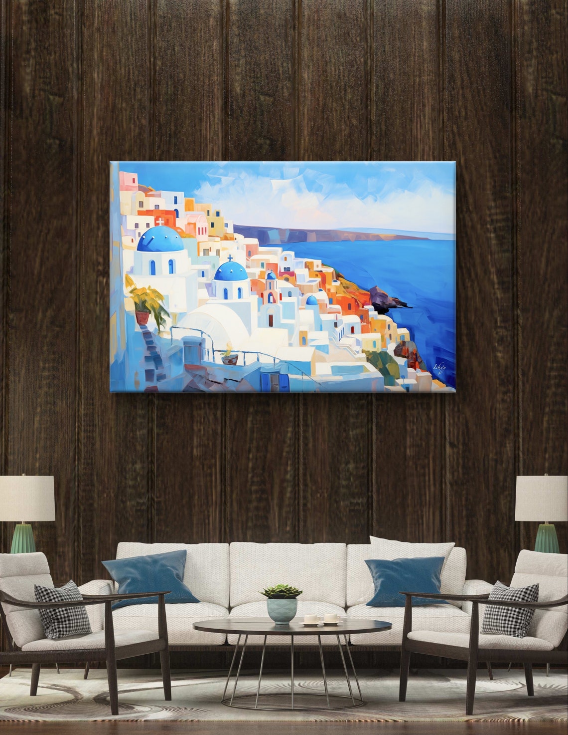 Santorini Blue Dome Churches Over the Aegean Sea Painting Poster - Image 3