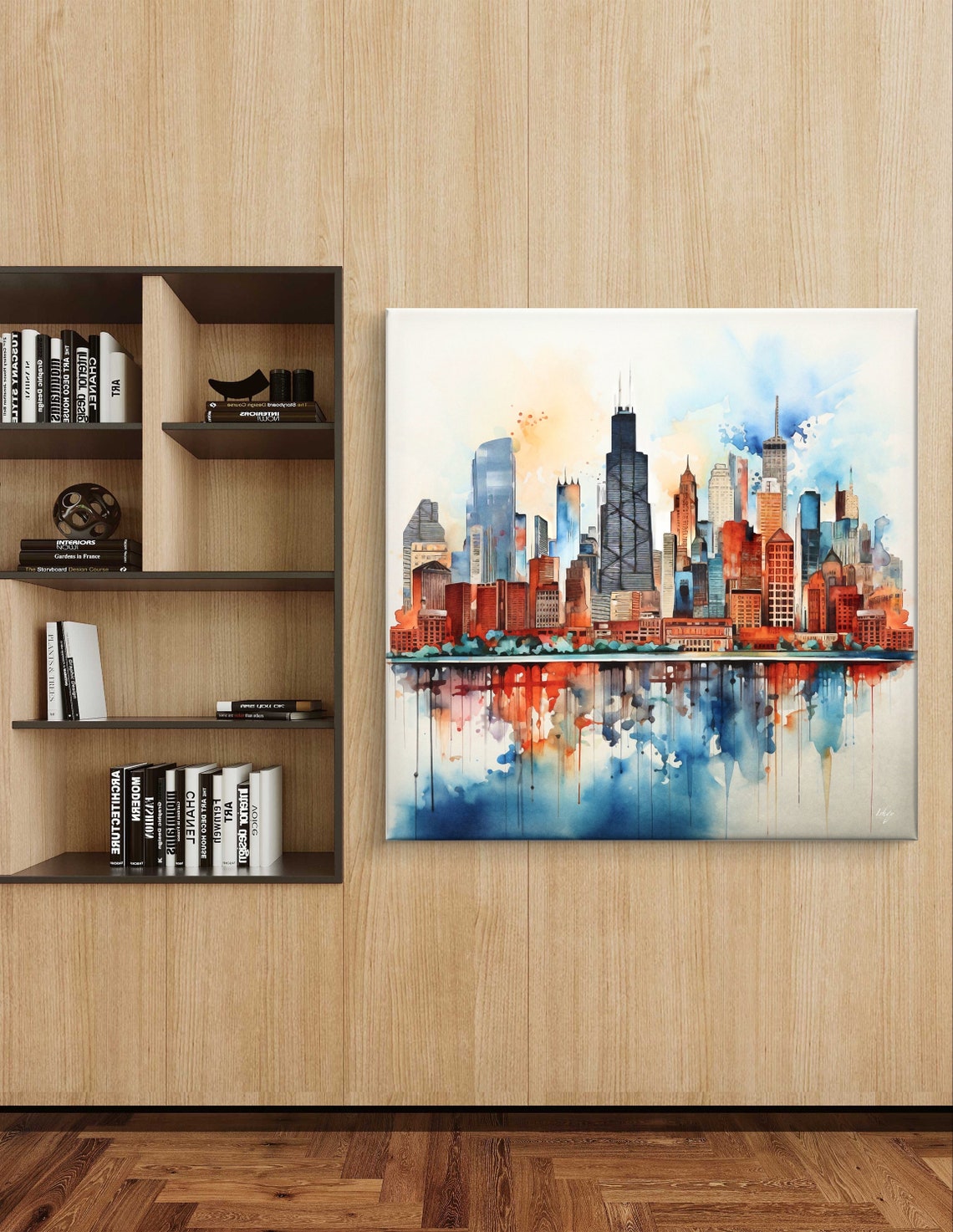 Chicago Skyline Watercolor with Reflective Water Mirror Art Poster - Image 5