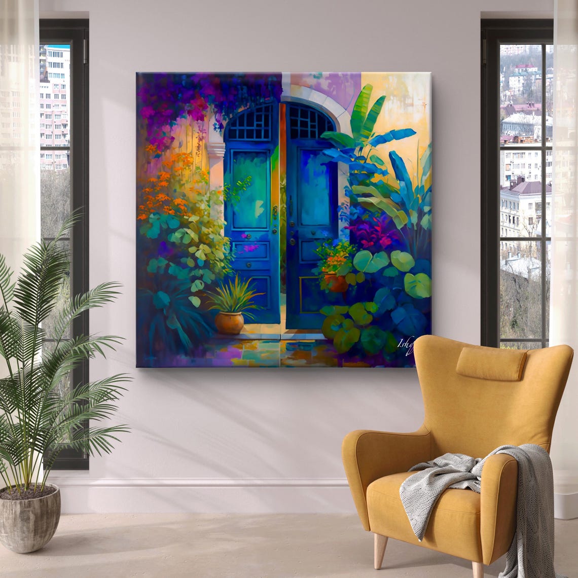 Vibrant Blue Doorway Framed by Lush Tropical Plants Garden Poster - Image 4