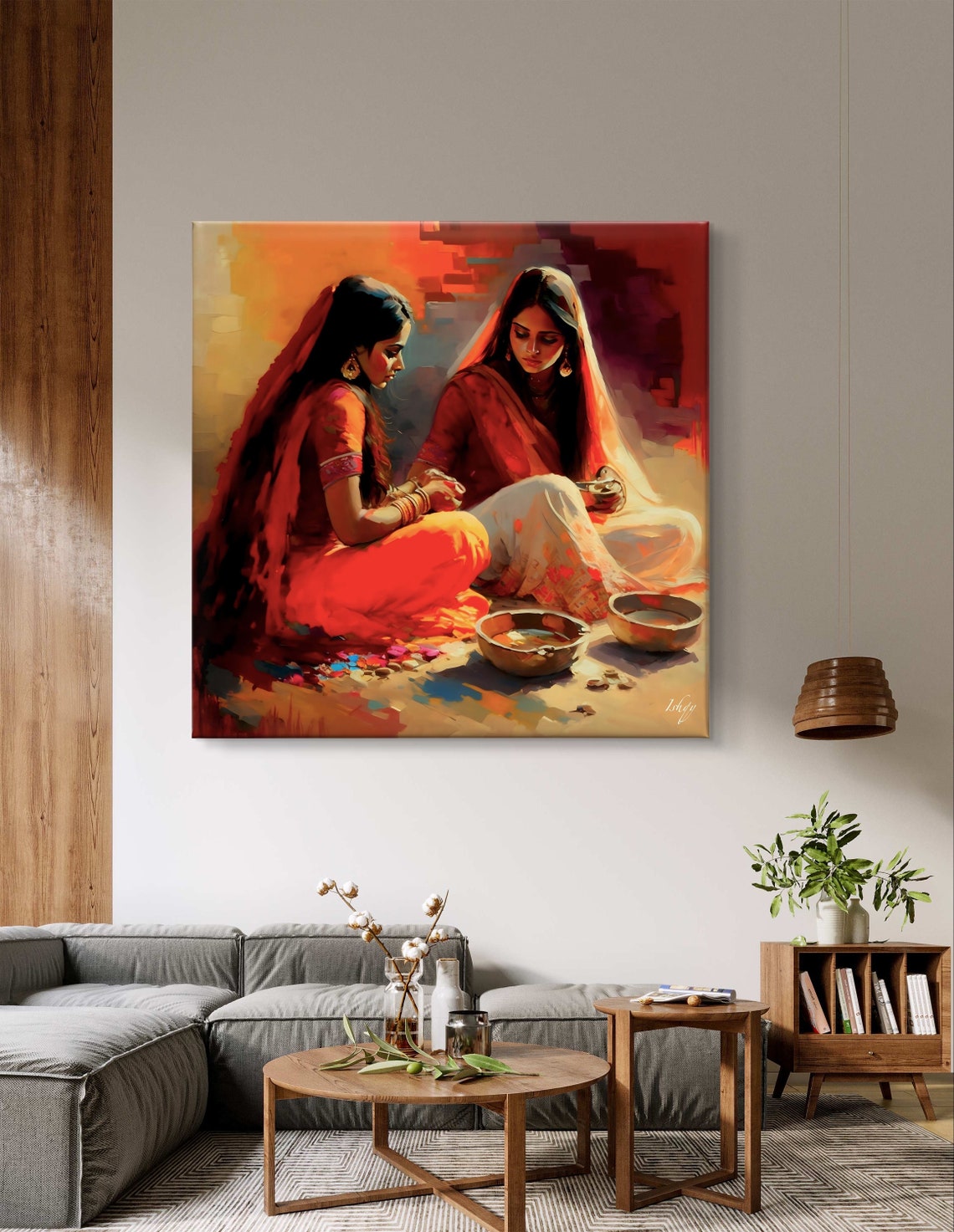 Indian Women in Crimson Sarees With Brass Bowls Heritage Poster - Image 5
