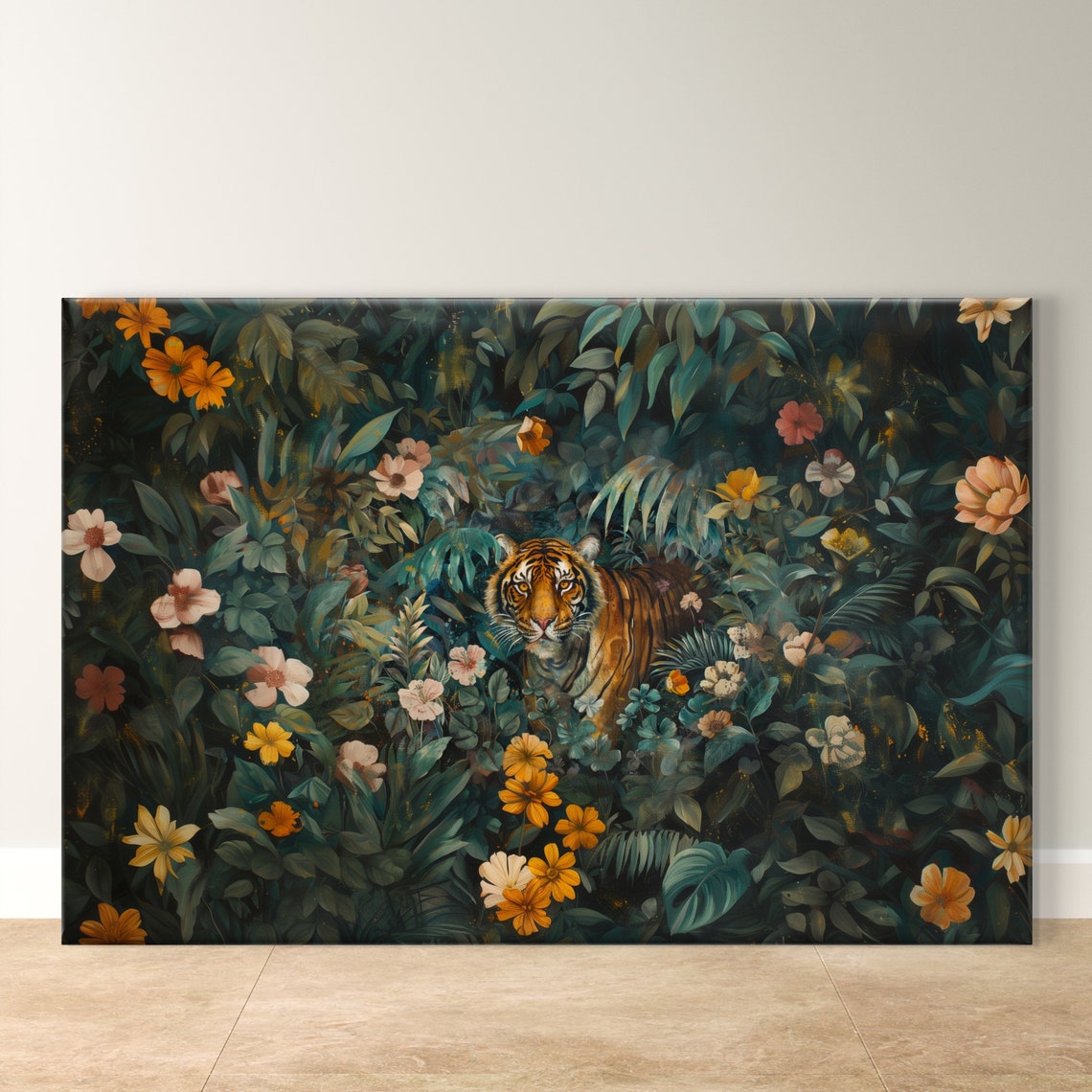 Tiger Walking Through Moody Botanical Jungle Blossoms Art Poster