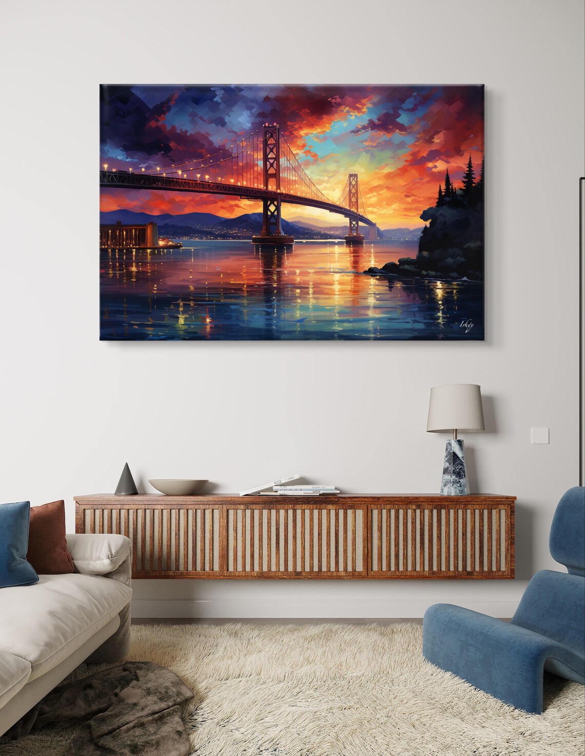 San Francisco Bay Bridge at Fiery Sunset Over Sparkling Water Poster - Image 5