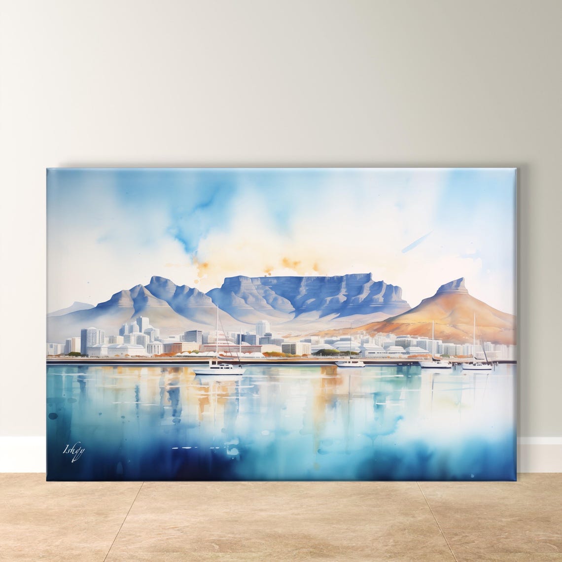 Cape Town Table Mountain and Harbor Sailboats Watercolor Poster