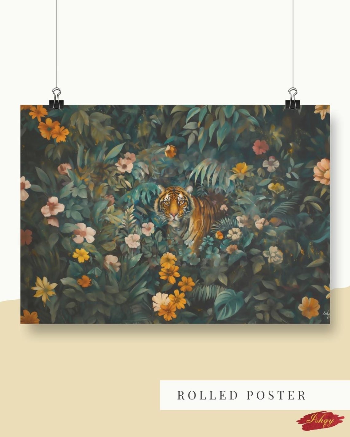 Tiger Walking Through Moody Botanical Jungle Blossoms Art Poster - Image 3