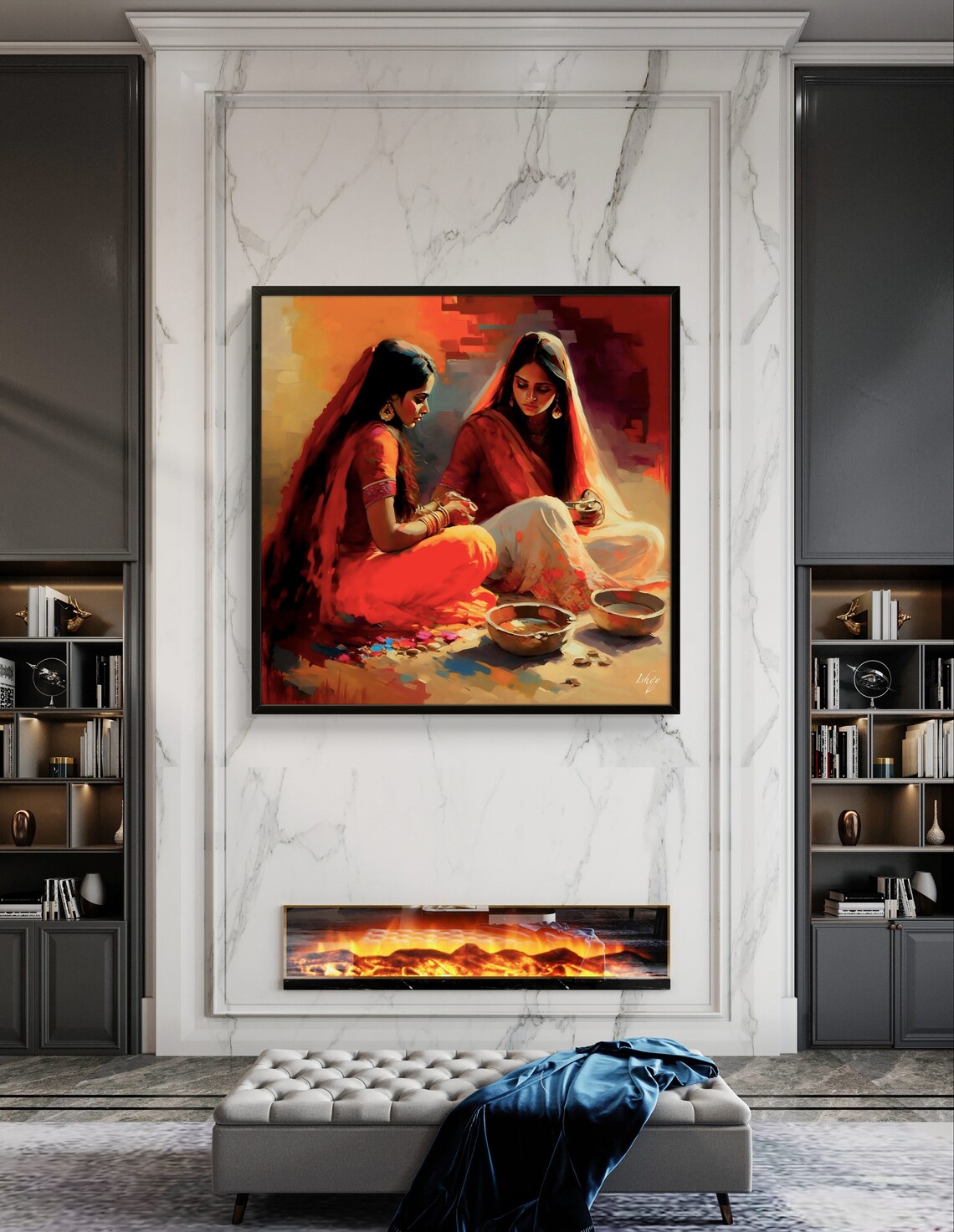 Indian Women in Crimson Sarees With Brass Bowls Heritage Poster - Image 3