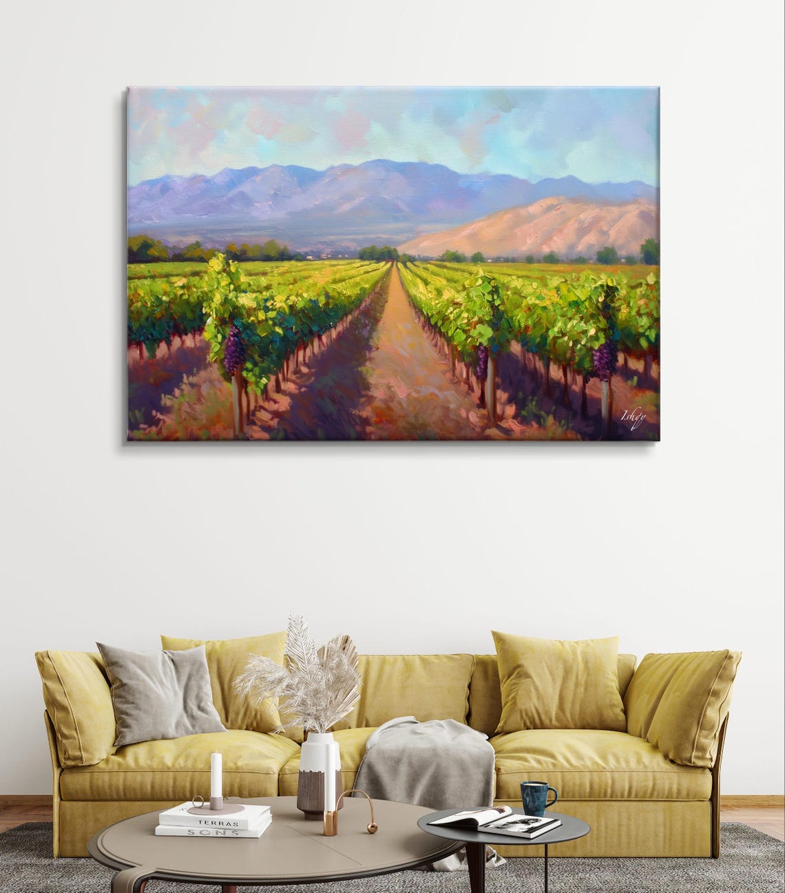 Vineyard Rows at Golden Hour with Mountain Backdrop Art Poster - Image 4
