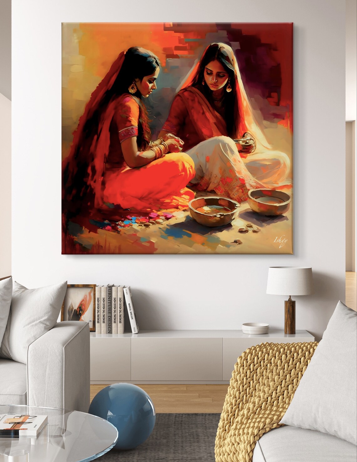 Indian Women in Crimson Sarees With Brass Bowls Heritage Poster - Image 6