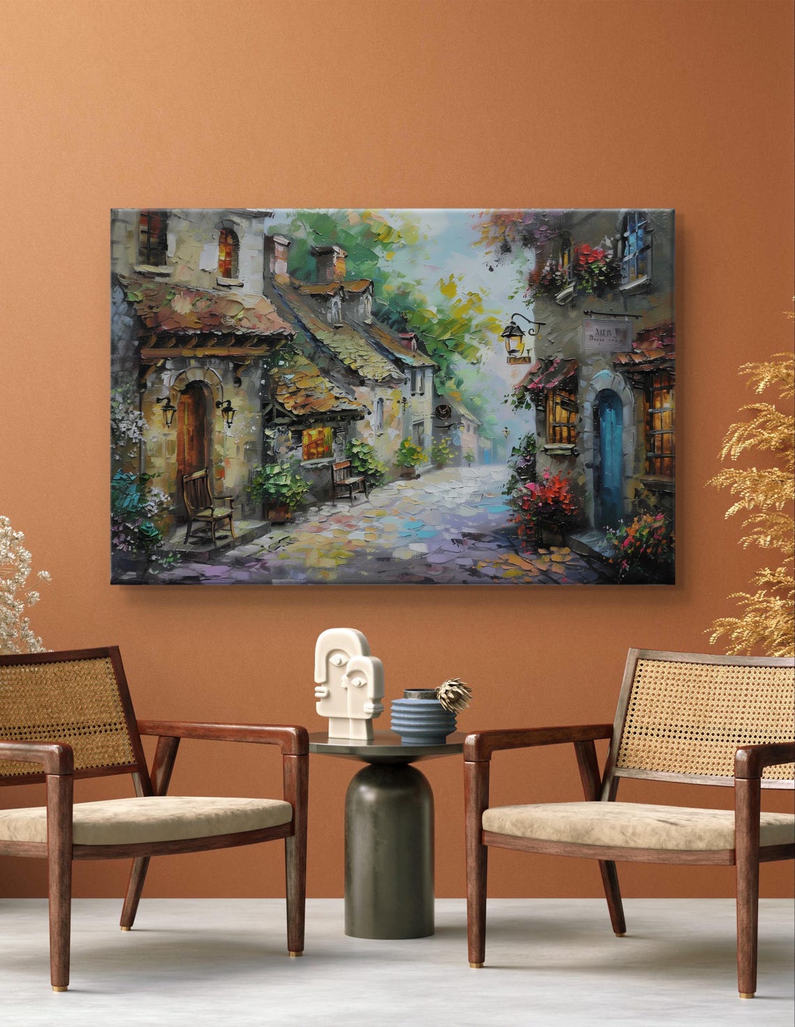 European Village Cobblestone Street with Lanterns Art Poster - Image 4