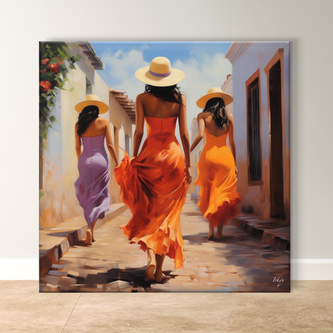 Three Women in Colorful Dresses Walking Sunny Old Town Poster