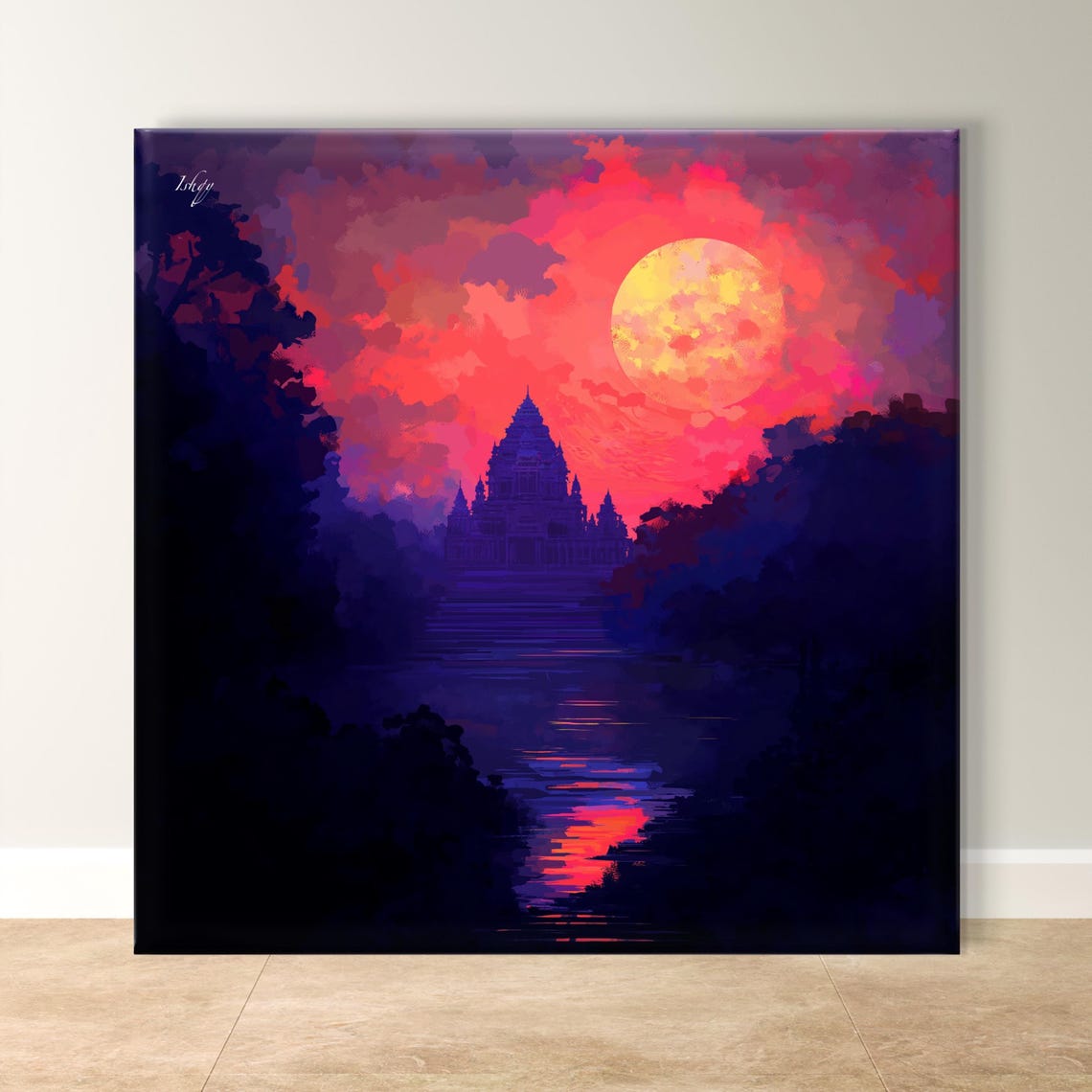 Ancient Temple Silhouette Beneath a Giant Pink Moon Night Poster