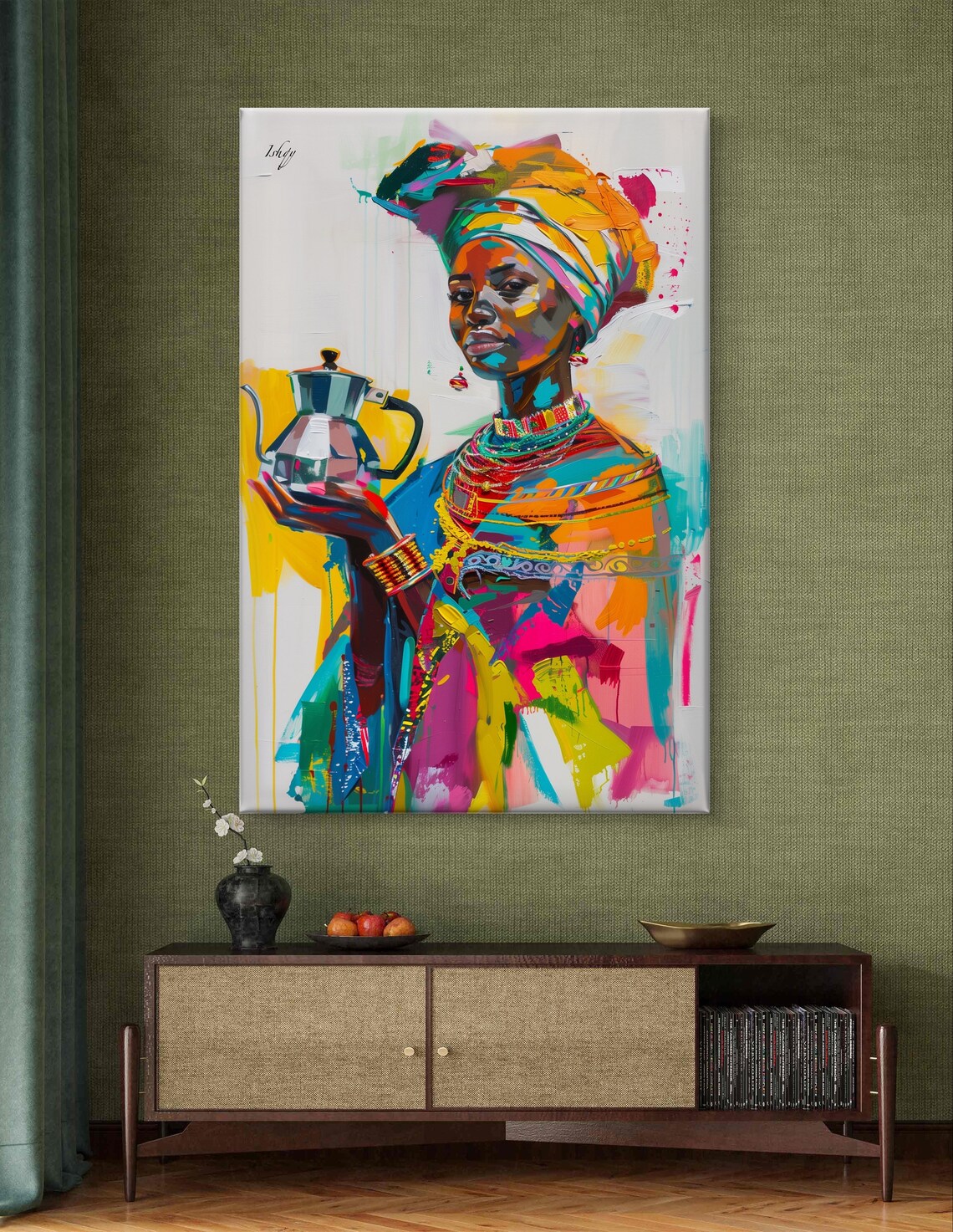 Ethiopian Woman Holding Traditional Coffee Pot in Vivid Colors Poster - Image 4