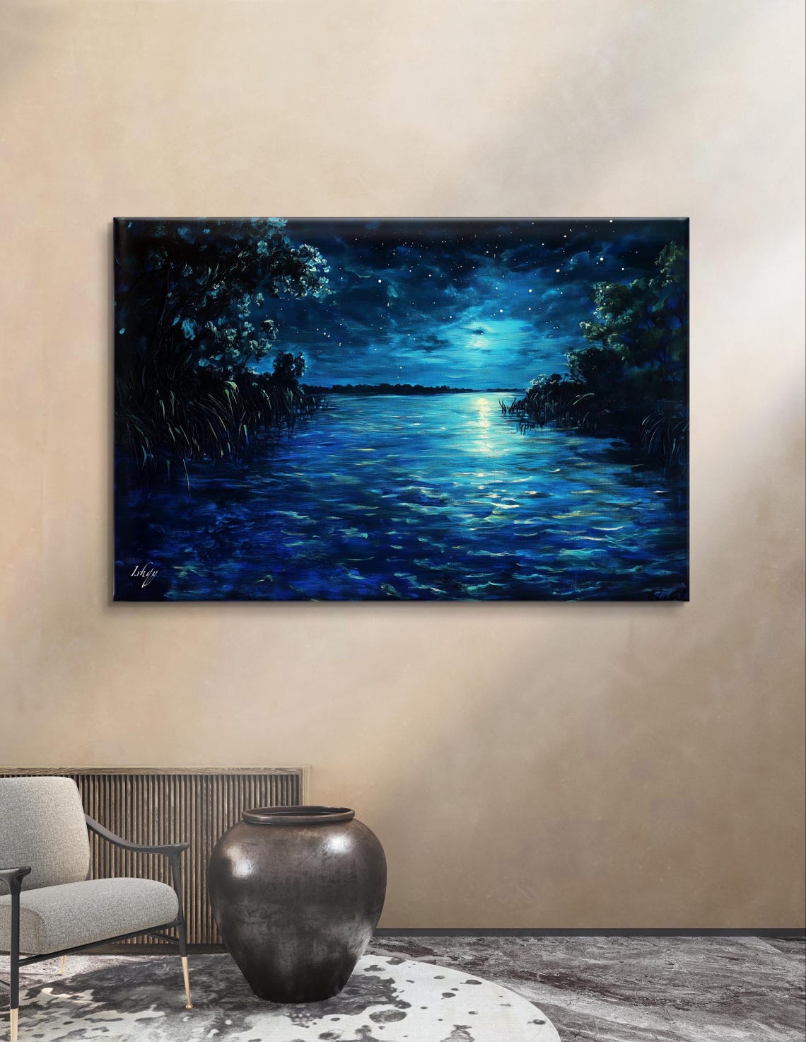 Bioluminescent Night Lake with Moon Reflection Starlit Poster - Image 5