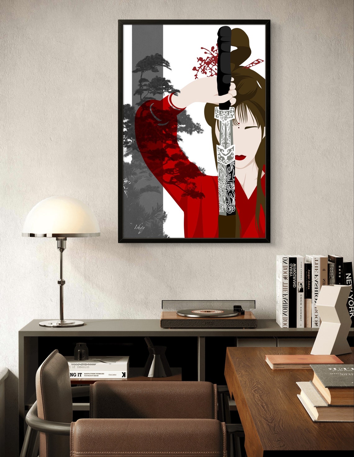 Japanese Warrior Woman Raised Katana Red Kimono Graphic Poster - Image 3