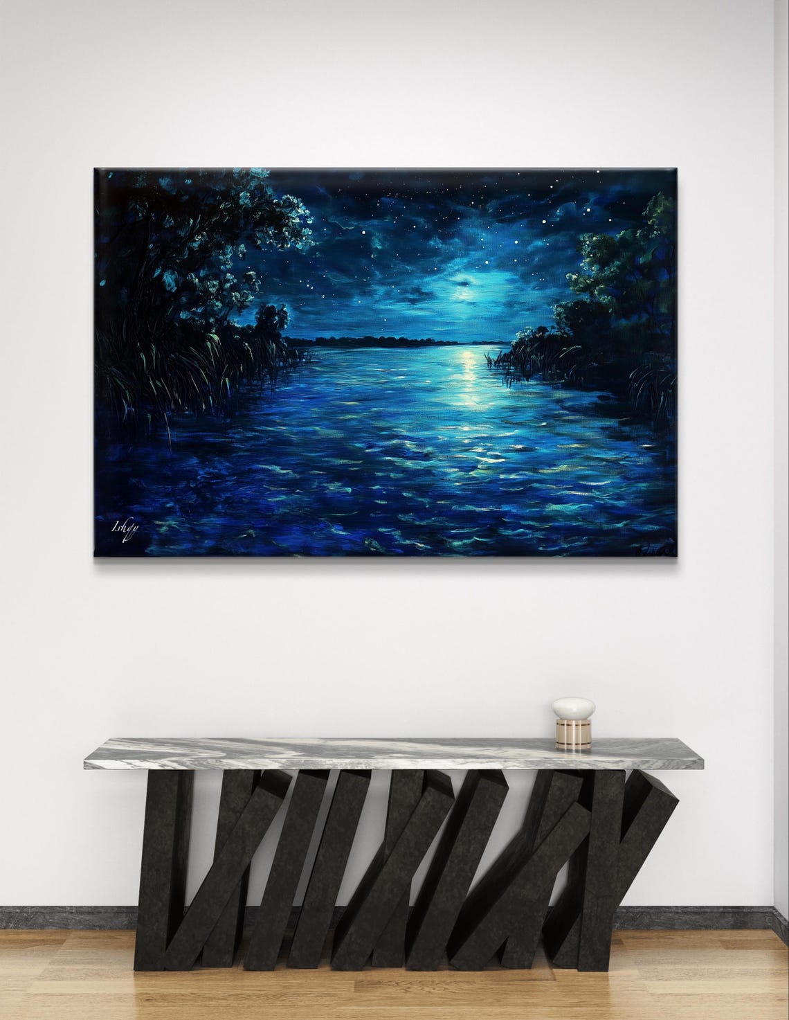Bioluminescent Night Lake with Moon Reflection Starlit Poster - Image 7