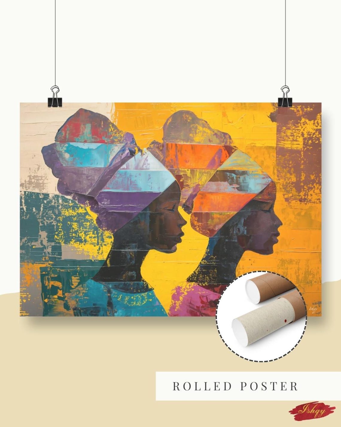 Two African Sisters in Geometric Headwraps on Gold Abstract Poster - Image 5