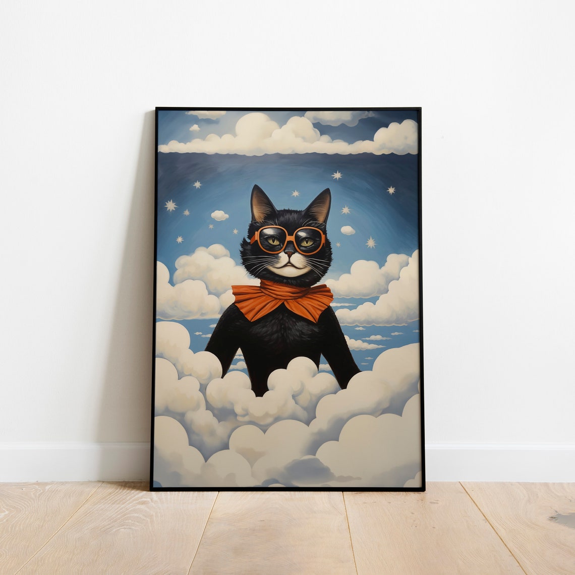 Black Cat Orange Glasses Starry Night Clouds Dreamy Poster Art