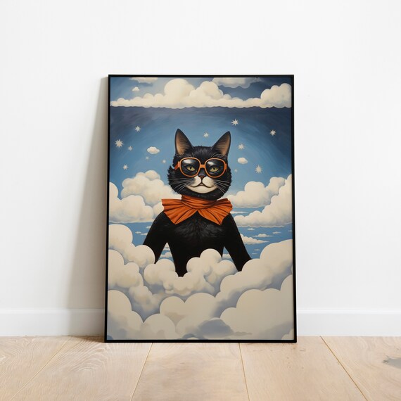 Black Cat Orange Glasses Starry Night Clouds Dreamy Poster Art
