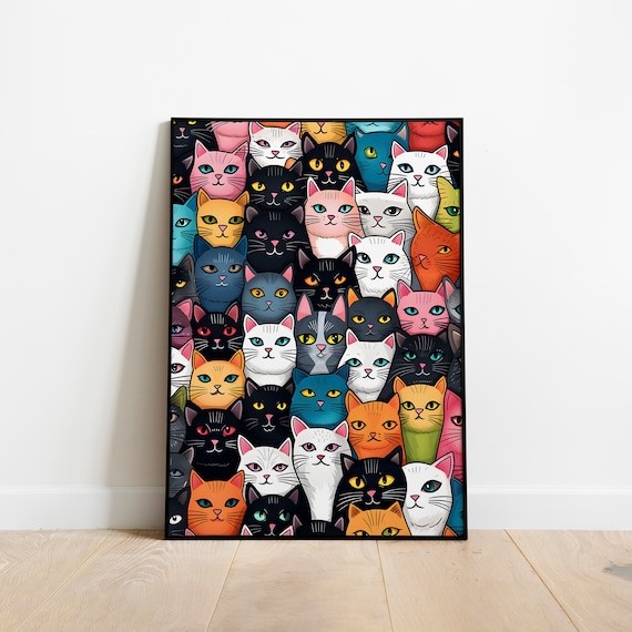 Cat Pattern Poster Colorful Illustration Playful Nursery Wall Art Living Room Decor Cute Kitty Print Cat Lovers Gift Idea