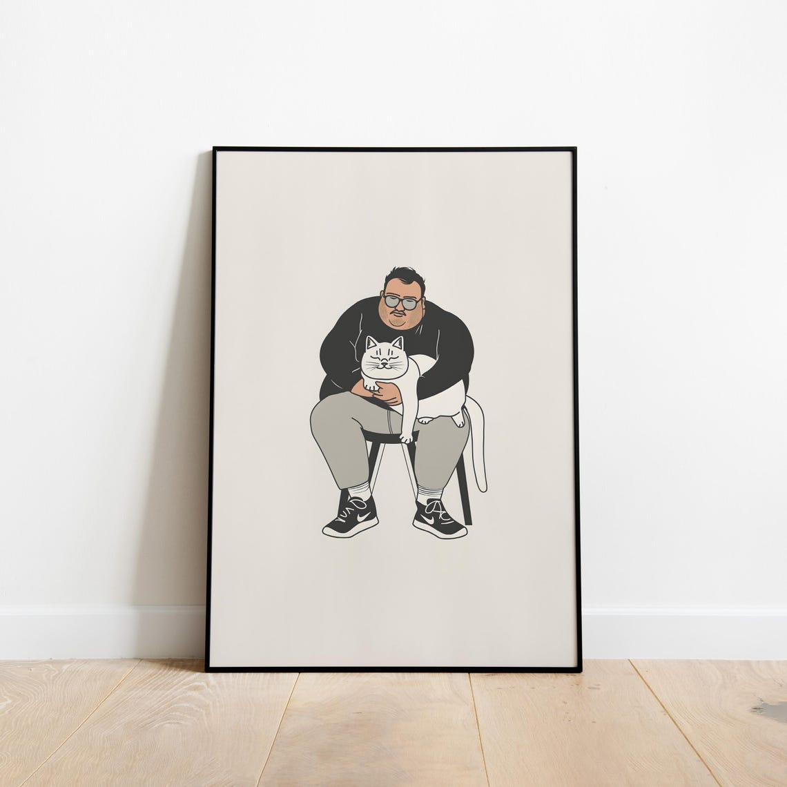 Man Holding White Cat Lap Minimalist Illustration Poster Art Decor