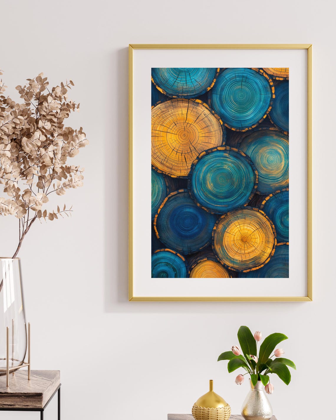 Teal Blue Gold Painted Log Cross Sections Tree Ring Rustic Poster - Image 3