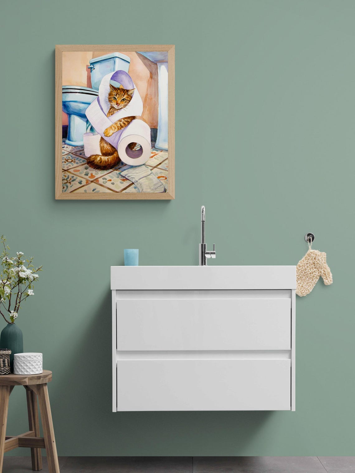 Funny Cat Tangled in Toilet Paper Bathroom Watercolor Kitty Poster - Image 3