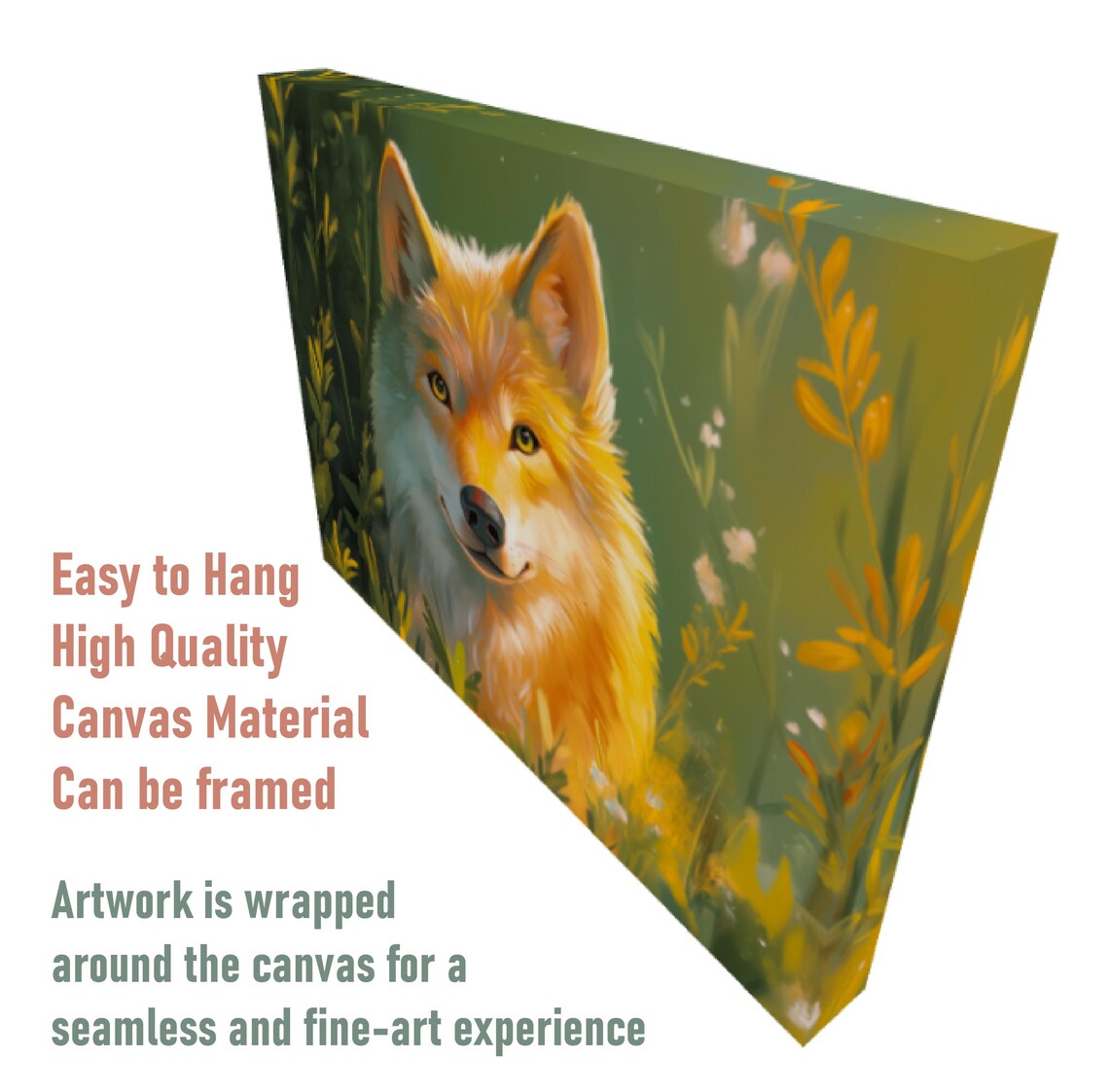 Golden Wolf Portrait Sunlit Wildflower Meadow Wildlife Nature Art Poster - Image 4