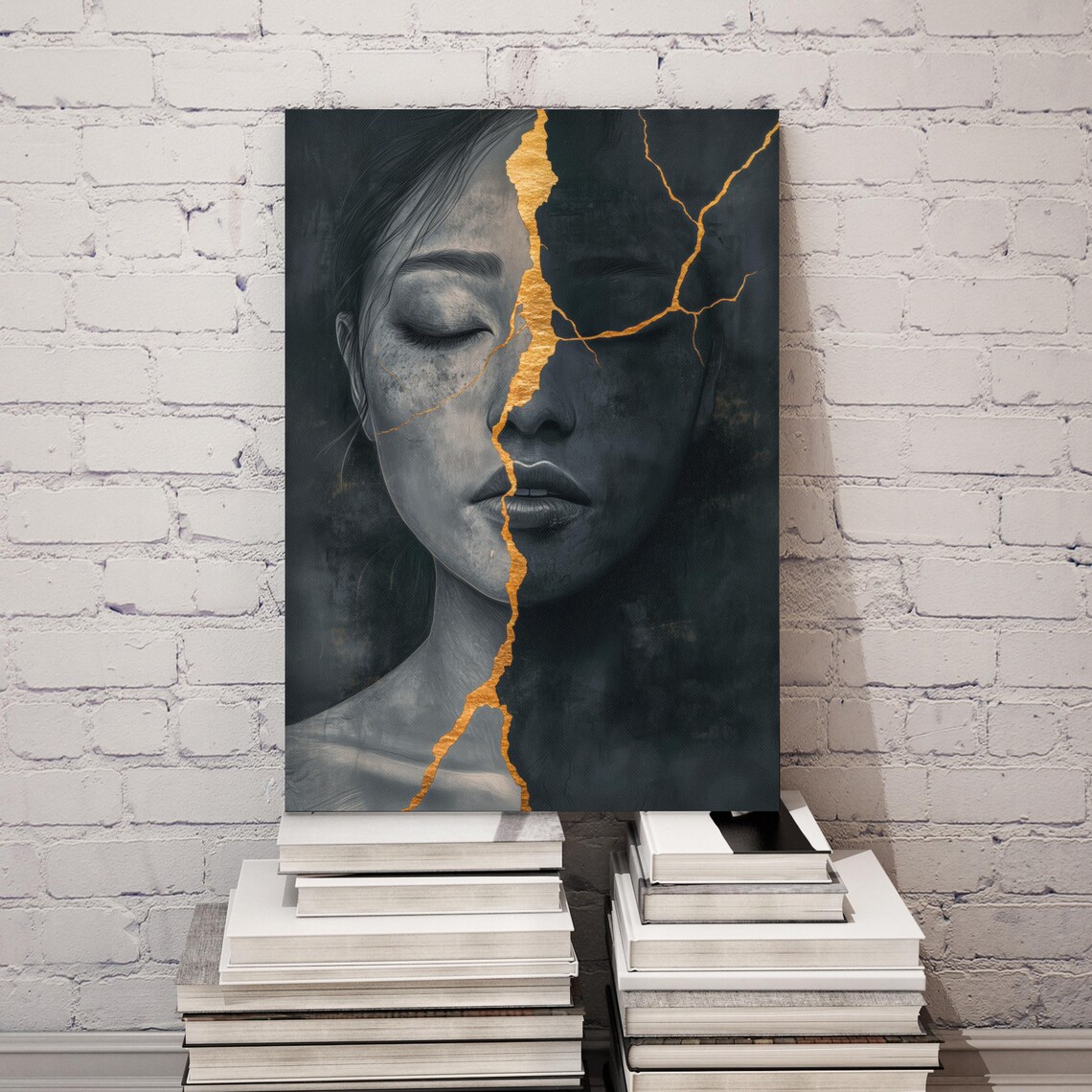 Kintsugi Woman Portrait, Black And Gold Art Print - Image 4
