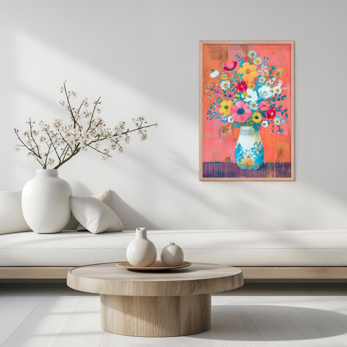 Vibrant Wildflower Bouquet in Blue Vase on Coral Background Art Poster - Image 2