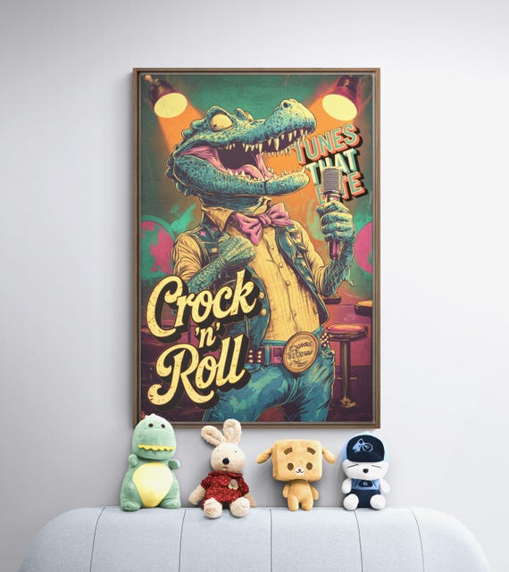 Rock Music Wall Art Alligator Framed With Floating Pine Frame Retro Decor Quirky Music Lover Gift Bold Vintage Crocodile Print