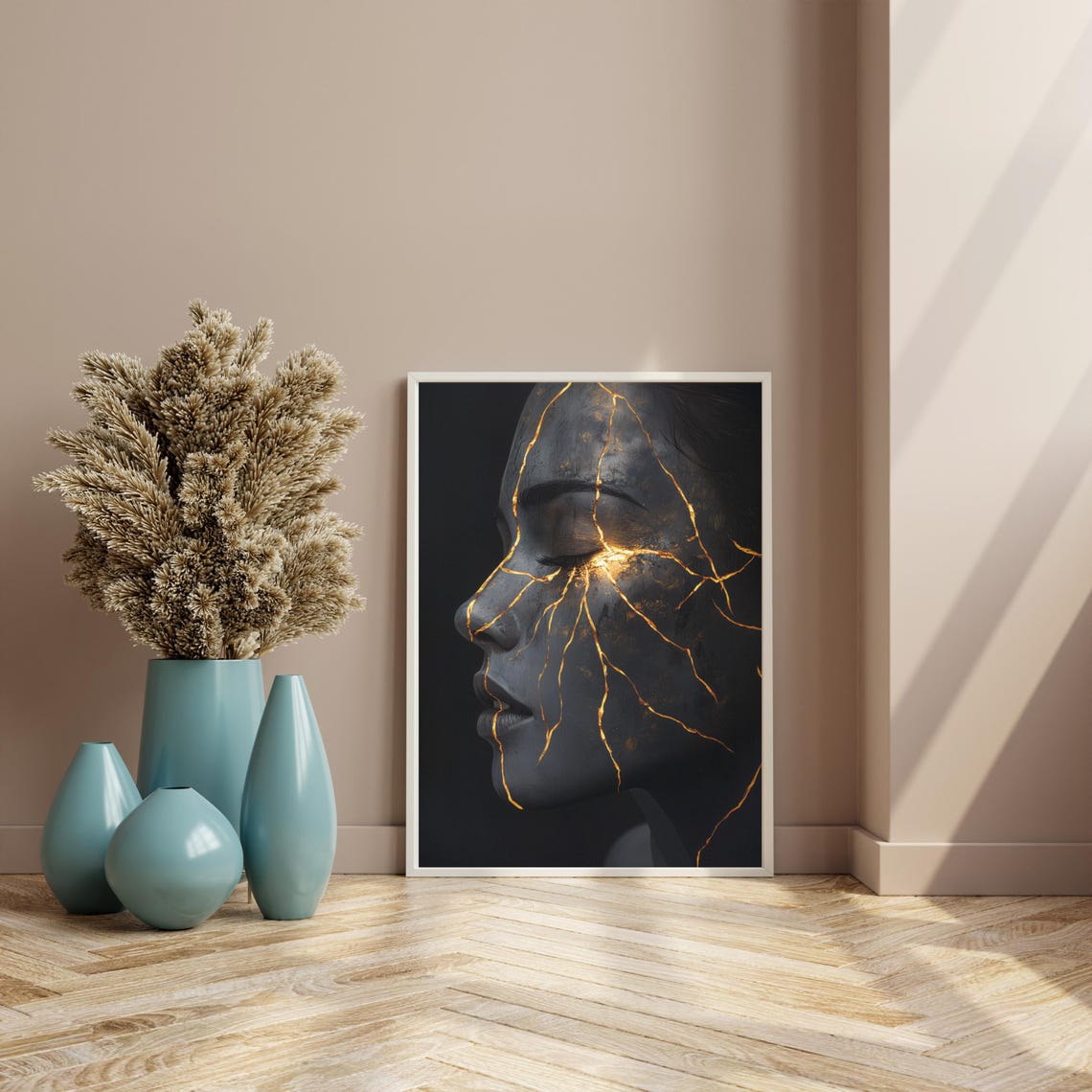Kintsugi Woman Face Gold Cracked Black Zen Noir Dramatic Art Poster