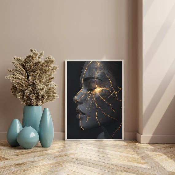 Kintsugi Style Woman Portrait Abstract Art Print Zen Noir Wall Art Minimalist Black And Gold Contemporary Decor Bold Modern Art