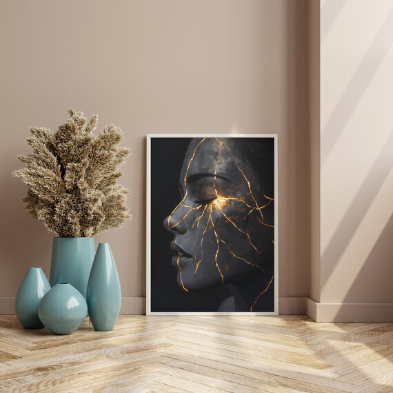Kintsugi Woman Face Gold Cracked Black Zen Noir Dramatic Art Poster