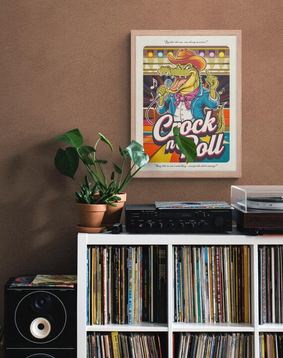Crock n Roll Cowboy Crocodile Rock Star Retro Funny Music Wall Art Poster