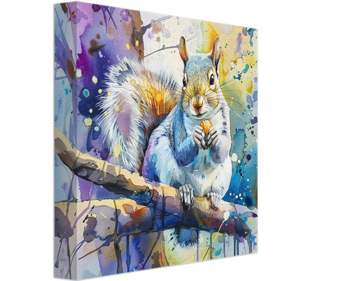 Gray Squirrel Holding Acorn Watercolor Splash Woodland Art Poster
