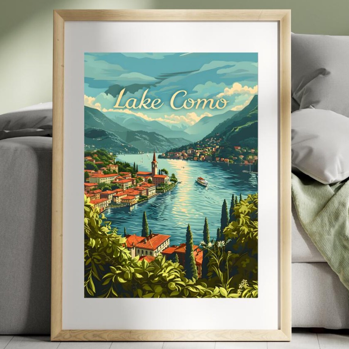 Lake Como Italy Vintage Travel Poster Lakeside Village Church View