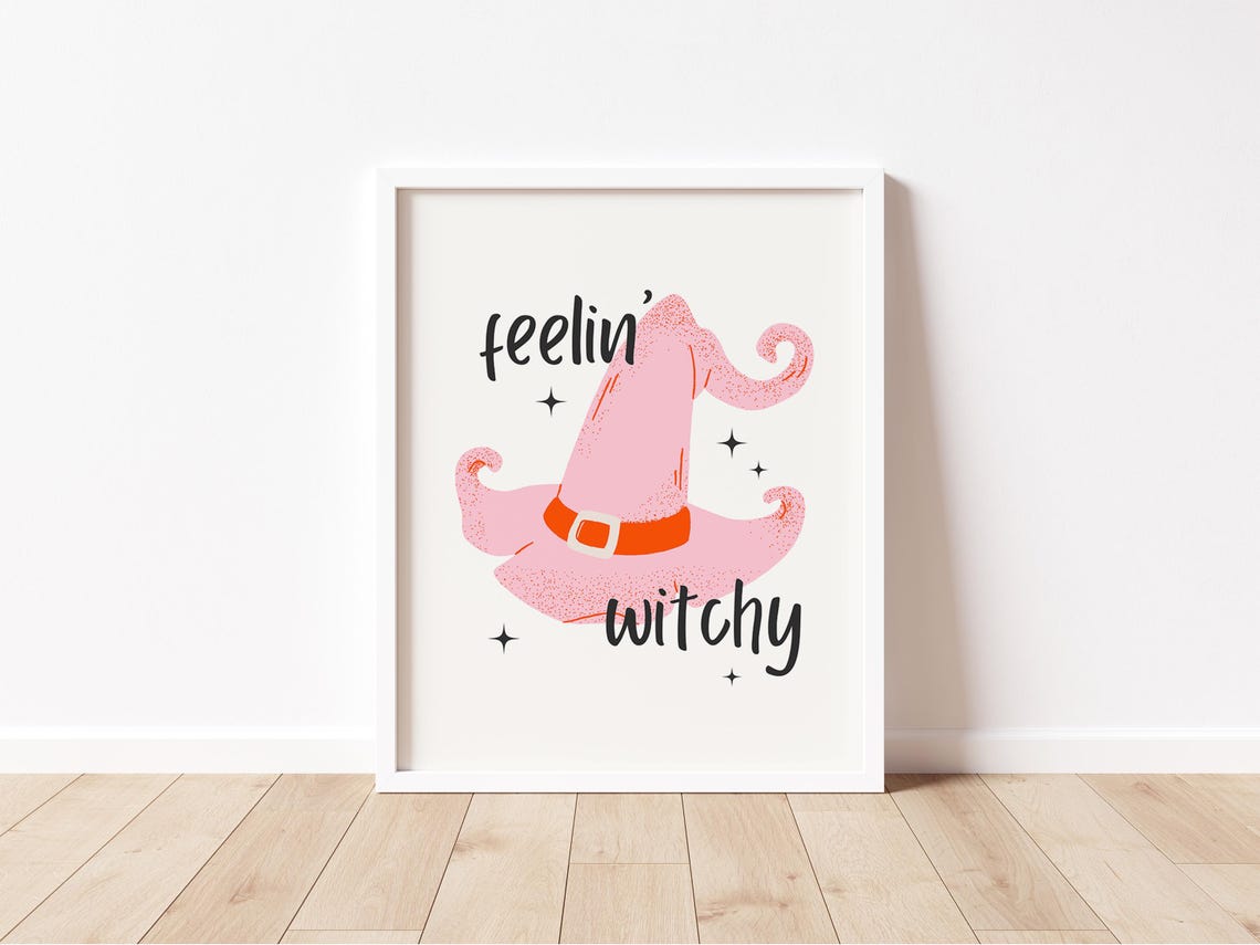 Feelin Witchy Pink Witch Hat Sparkles Boho Halloween Quote Wall Art - Image 2