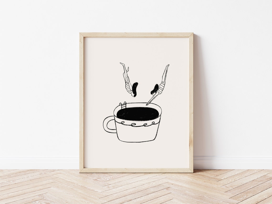 Swimmers Diving Into Giant Coffee Cup Whimsical Line Art Poster - Image 2