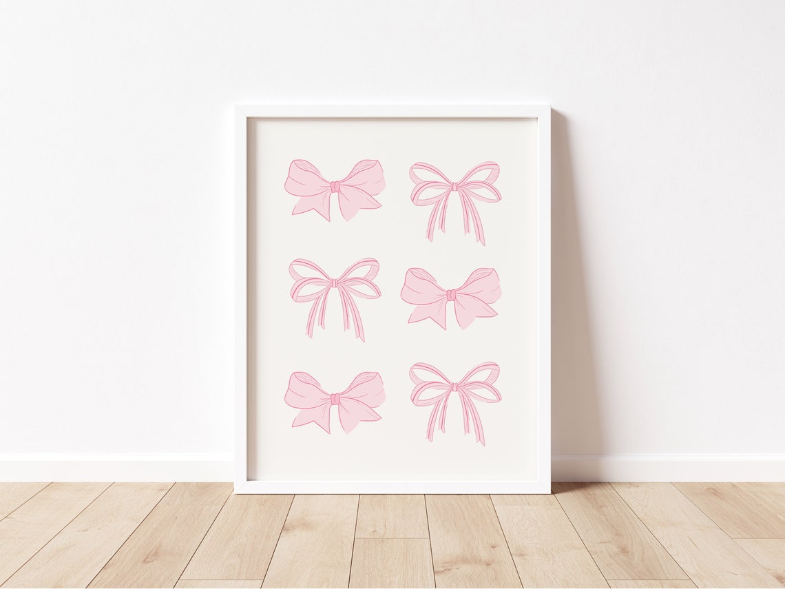 Six Cute Pink Bows Coquette Balletcore Girly Dorm Room Wall Art - Image 2
