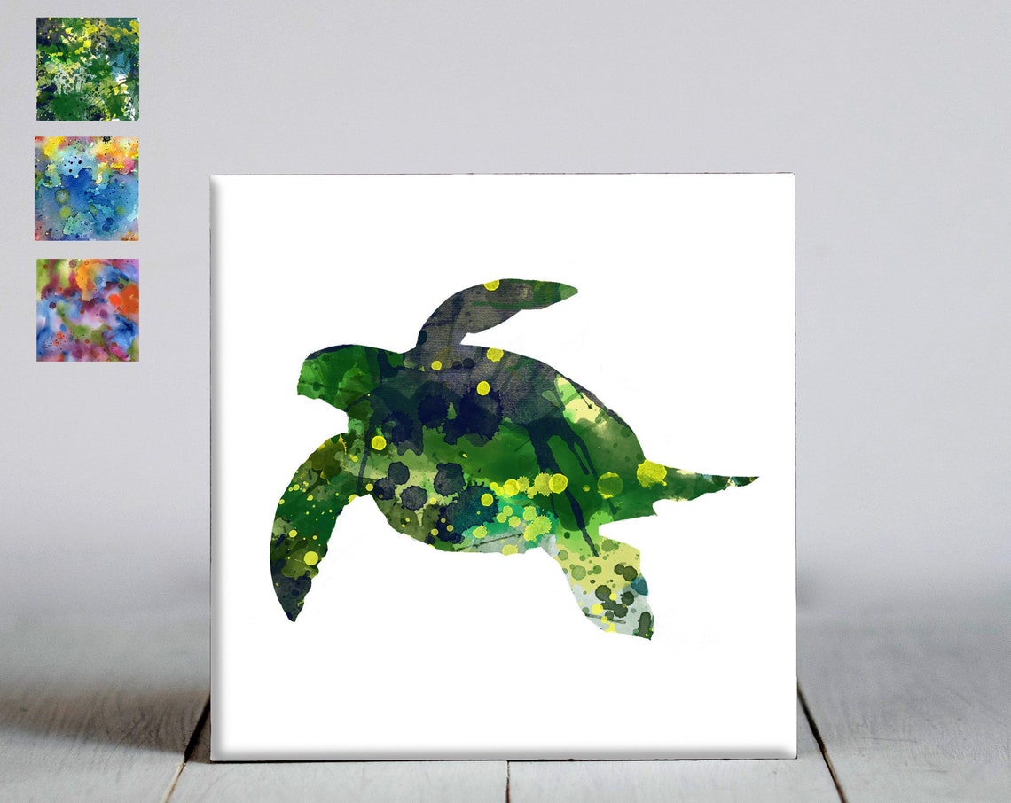 Green Sea Turtle Watercolor Ocean Wildlife Decorative Tile Art Poster