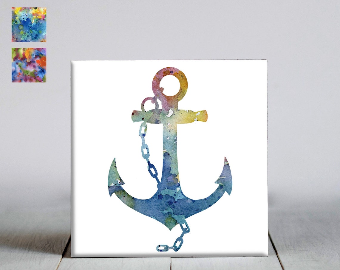 Blue and Green Watercolor Anchor with Chain Nautical Wall Art