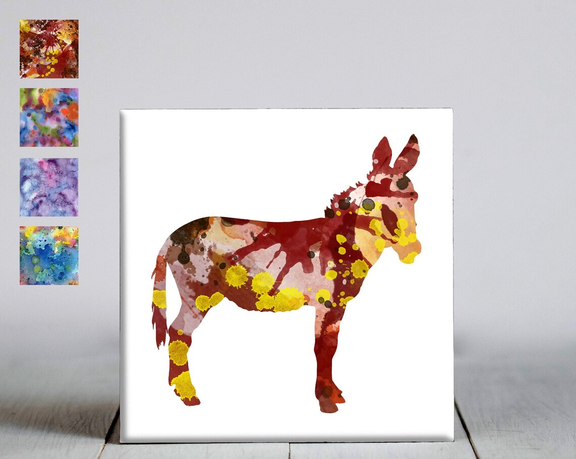 Rustic Red and Yellow Watercolor Donkey Farm Animal Wall Art