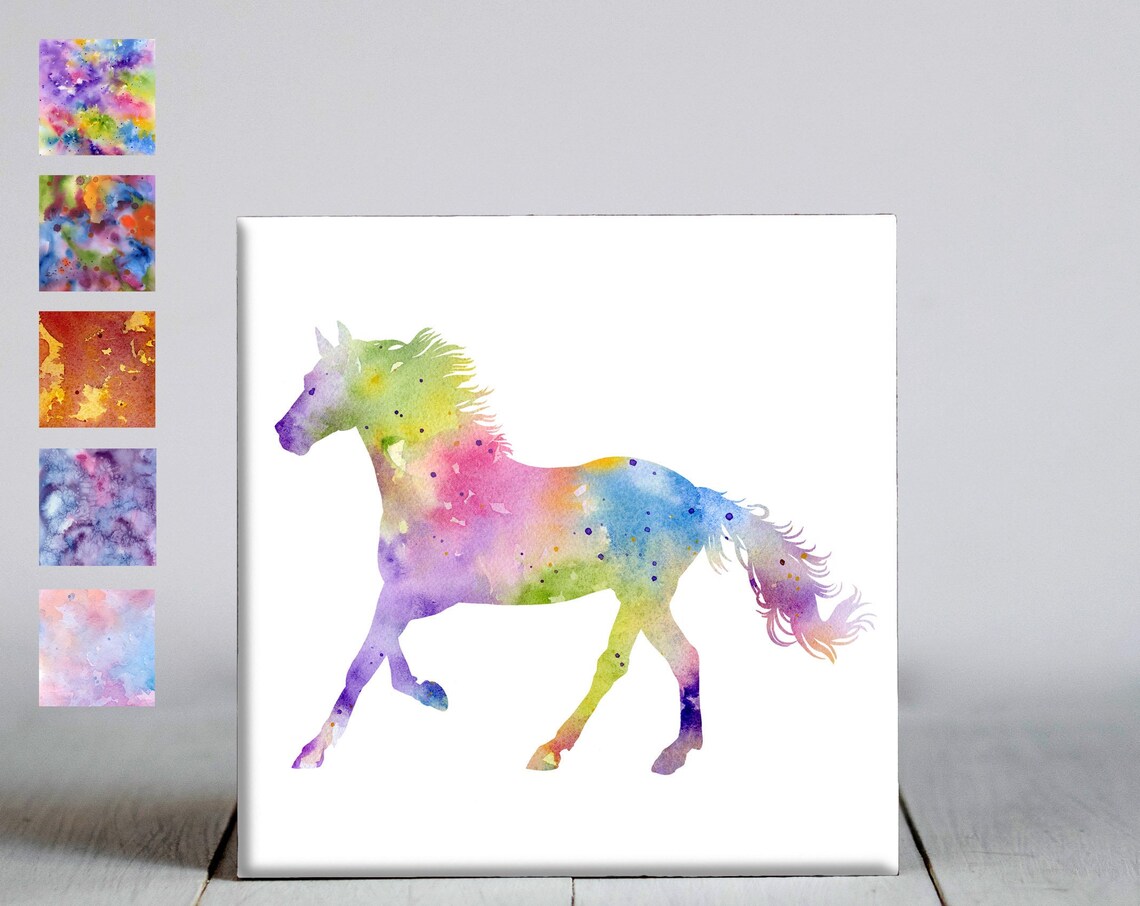 Rainbow Pastel Watercolor Galloping Horse Equestrian Wall Art