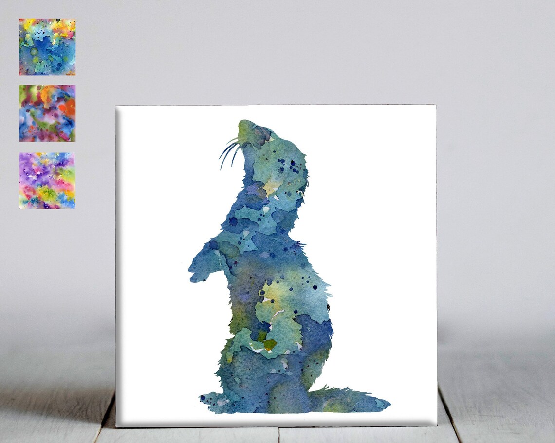 Blue Watercolor Sitting Ferret Small Pet Animal Silhouette Wall Art