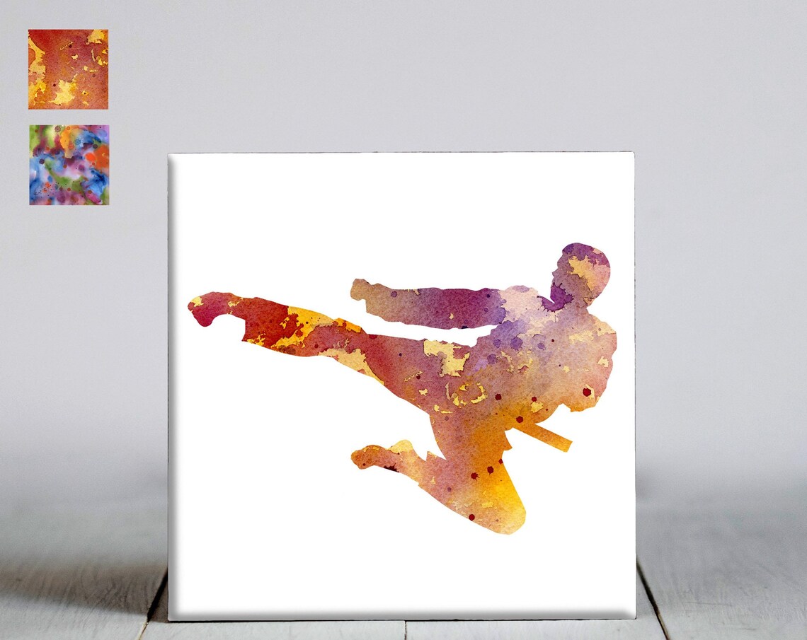 Fiery Orange Watercolor Martial Arts Flying Kick Fighter Wall Art